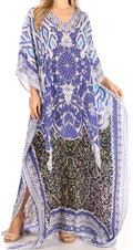 Sakkas Anahi Flowy Design V Neck Long Caftan Dress / Cover Up With Rhinestone#color_17185-Black/White/Blue