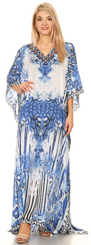 Sakkas Anahi Flowy Design V Neck Long Caftan Dress / Cover Up With Rhinestone