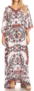 Sakkas Anahi Flowy Design V Neck Long Caftan Dress / Cover Up With Rhinestone#color_17187-White/Red