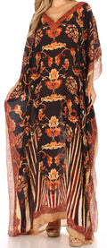 Sakkas Anahi Flowy Design V Neck Long Caftan Dress / Cover Up With Rhinestone#color_17188-Black/Brown