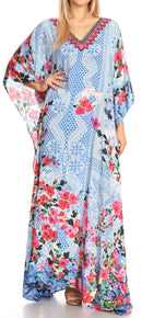 Sakkas Anahi Flowy Design V Neck Long Caftan Dress / Cover Up With Rhinestone