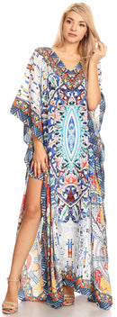 Sakkas Anahi Flowy Design V Neck Long Caftan Dress / Cover Up With Rhinestone