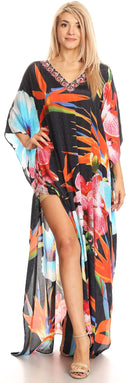 Sakkas Anahi Flowy Design V Neck Long Caftan Dress / Cover Up With Rhinestone