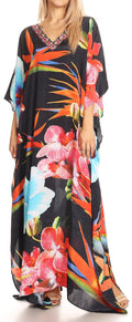 Sakkas Anahi Flowy Design V Neck Long Caftan Dress / Cover Up With Rhinestone#color_17191-BlackMulti