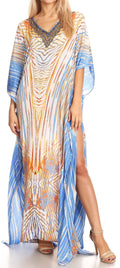 Sakkas Anahi Flowy Design V Neck Long Caftan Dress / Cover Up With Rhinestone#color_17192-White/Turquoise