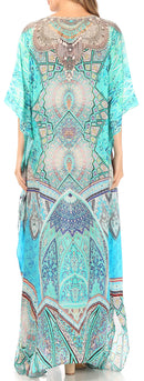 Sakkas Anahi Flowy Design V Neck Long Caftan Dress / Cover Up With Rhinestone