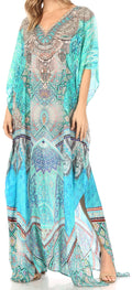 Sakkas Anahi Flowy Design V Neck Long Caftan Dress / Cover Up With Rhinestone#color_MTU400-Turquoise