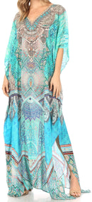 Sakkas Anahi Flowy Design V Neck Long Caftan Dress / Cover Up With Rhinestone