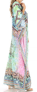 Sakkas Anahi Flowy Design V Neck Long Caftan Dress / Cover Up With Rhinestone