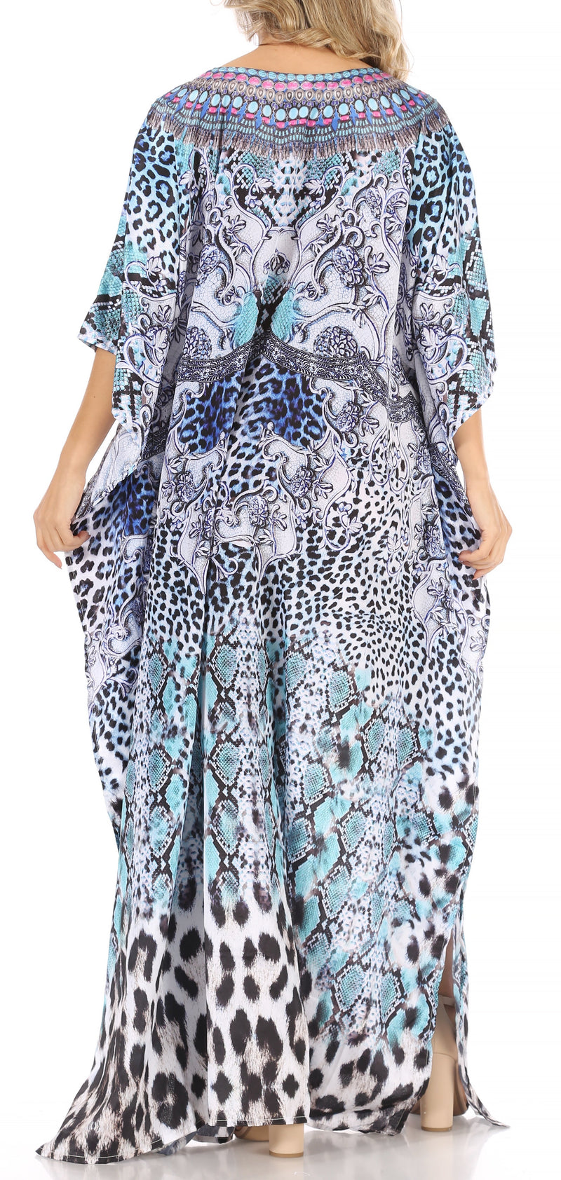 Sakkas Anahi Flowy Design V Neck Long Caftan Dress / Cover Up With Rhinestone