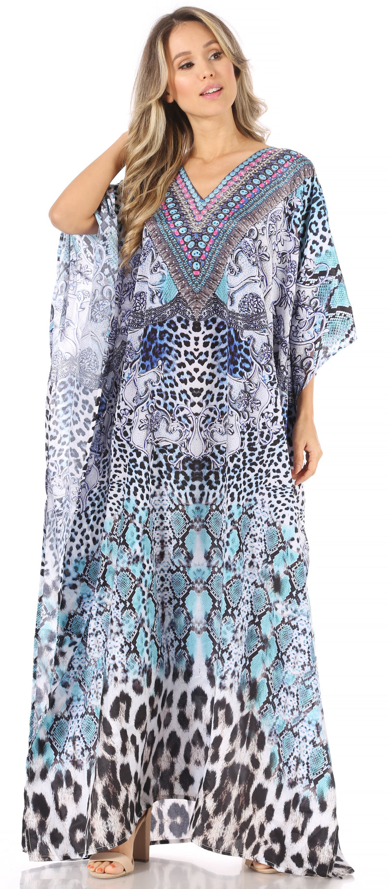 Sakkas Anahi Flowy Design V Neck Long Caftan Dress / Cover Up With Rhinestone