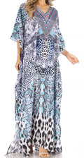 Sakkas Anahi Flowy Design V Neck Long Caftan Dress / Cover Up With Rhinestone#color_CTB250-Blue