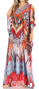 Sakkas Anahi Flowy Design V Neck Long Caftan Dress / Cover Up With Rhinestone