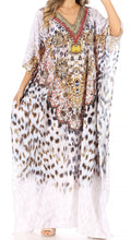 Sakkas Anahi Flowy Design V Neck Long Caftan Dress / Cover Up With Rhinestone#color_EW284-White