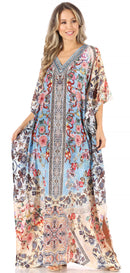 Sakkas Anahi Flowy Design V Neck Long Caftan Dress / Cover Up With Rhinestone