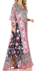 Sakkas Anahi Flowy Design V Neck Long Caftan Dress / Cover Up With Rhinestone