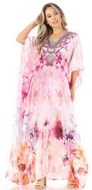 Sakkas Anahi Flowy Design V Neck Long Caftan Dress / Cover Up With Rhinestone
