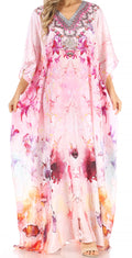 Sakkas Anahi Flowy Design V Neck Long Caftan Dress / Cover Up With Rhinestone#color_FPI206-Pink