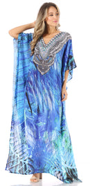 Sakkas Anahi Flowy Design V Neck Long Caftan Dress / Cover Up With Rhinestone