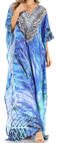 Sakkas Anahi Flowy Design V Neck Long Caftan Dress / Cover Up With Rhinestone#color_LVB235-Blue