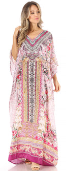 Sakkas Anahi Flowy Design V Neck Long Caftan Dress / Cover Up With Rhinestone