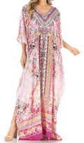 Sakkas Anahi Flowy Design V Neck Long Caftan Dress / Cover Up With Rhinestone#color_ORPI264-Pink