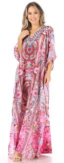 Sakkas Anahi Flowy Design V Neck Long Caftan Dress / Cover Up With Rhinestone