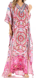 Sakkas Anahi Flowy Design V Neck Long Caftan Dress / Cover Up With Rhinestone#color_ORPI272-Pink