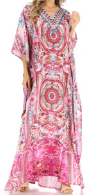 Sakkas Anahi Flowy Design V Neck Long Caftan Dress / Cover Up With Rhinestone