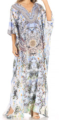 Sakkas Anahi Flowy Design V Neck Long Caftan Dress / Cover Up With Rhinestone#color_ORW234-White