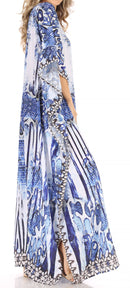 Sakkas Anahi Flowy Design V Neck Long Caftan Dress / Cover Up With Rhinestone