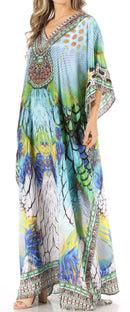 Sakkas Anahi Flowy Design V Neck Long Caftan Dress / Cover Up With Rhinestone