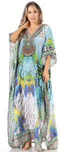 Sakkas Anahi Flowy Design V Neck Long Caftan Dress / Cover Up With Rhinestone