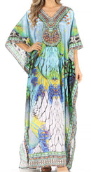 Sakkas Anahi Flowy Design V Neck Long Caftan Dress / Cover Up With Rhinestone