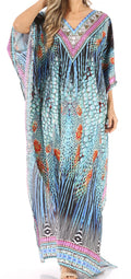 Sakkas Anahi Flowy Design V Neck Long Caftan Dress / Cover Up With Rhinestone#color_ST40-Turquoise