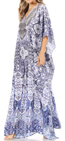 Sakkas Anahi Flowy Design V Neck Long Caftan Dress / Cover Up With Rhinestone