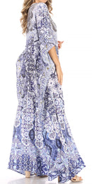 Sakkas Anahi Flowy Design V Neck Long Caftan Dress / Cover Up With Rhinestone