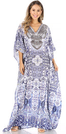 Sakkas Anahi Flowy Design V Neck Long Caftan Dress / Cover Up With Rhinestone