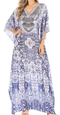 Sakkas Anahi Flowy Design V Neck Long Caftan Dress / Cover Up With Rhinestone#color_TB269-Blue