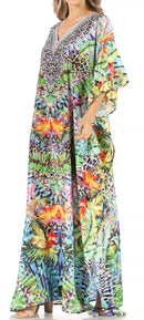 Sakkas Anahi Flowy Design V Neck Long Caftan Dress / Cover Up With Rhinestone