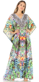 Sakkas Anahi Flowy Design V Neck Long Caftan Dress / Cover Up With Rhinestone