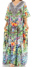 Sakkas Anahi Flowy Design V Neck Long Caftan Dress / Cover Up With Rhinestone