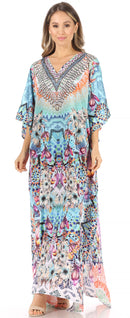 Sakkas Anahi Flowy Design V Neck Long Caftan Dress / Cover Up With Rhinestone