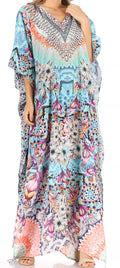 Sakkas Anahi Flowy Design V Neck Long Caftan Dress / Cover Up With Rhinestone#color_TLTU266-Turquoise
