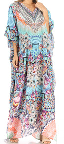 Sakkas Anahi Flowy Design V Neck Long Caftan Dress / Cover Up With Rhinestone