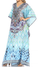 Sakkas Anahi Flowy Design V Neck Long Caftan Dress / Cover Up With Rhinestone
