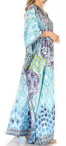 Sakkas Anahi Flowy Design V Neck Long Caftan Dress / Cover Up With Rhinestone