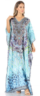 Sakkas Anahi Flowy Design V Neck Long Caftan Dress / Cover Up With Rhinestone
