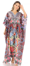 Sakkas Anahi Flowy Design V Neck Long Caftan Dress / Cover Up With Rhinestone