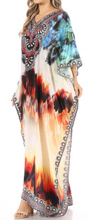 Sakkas Anahi Flowy Design V Neck Long Caftan Dress / Cover Up With Rhinestone
